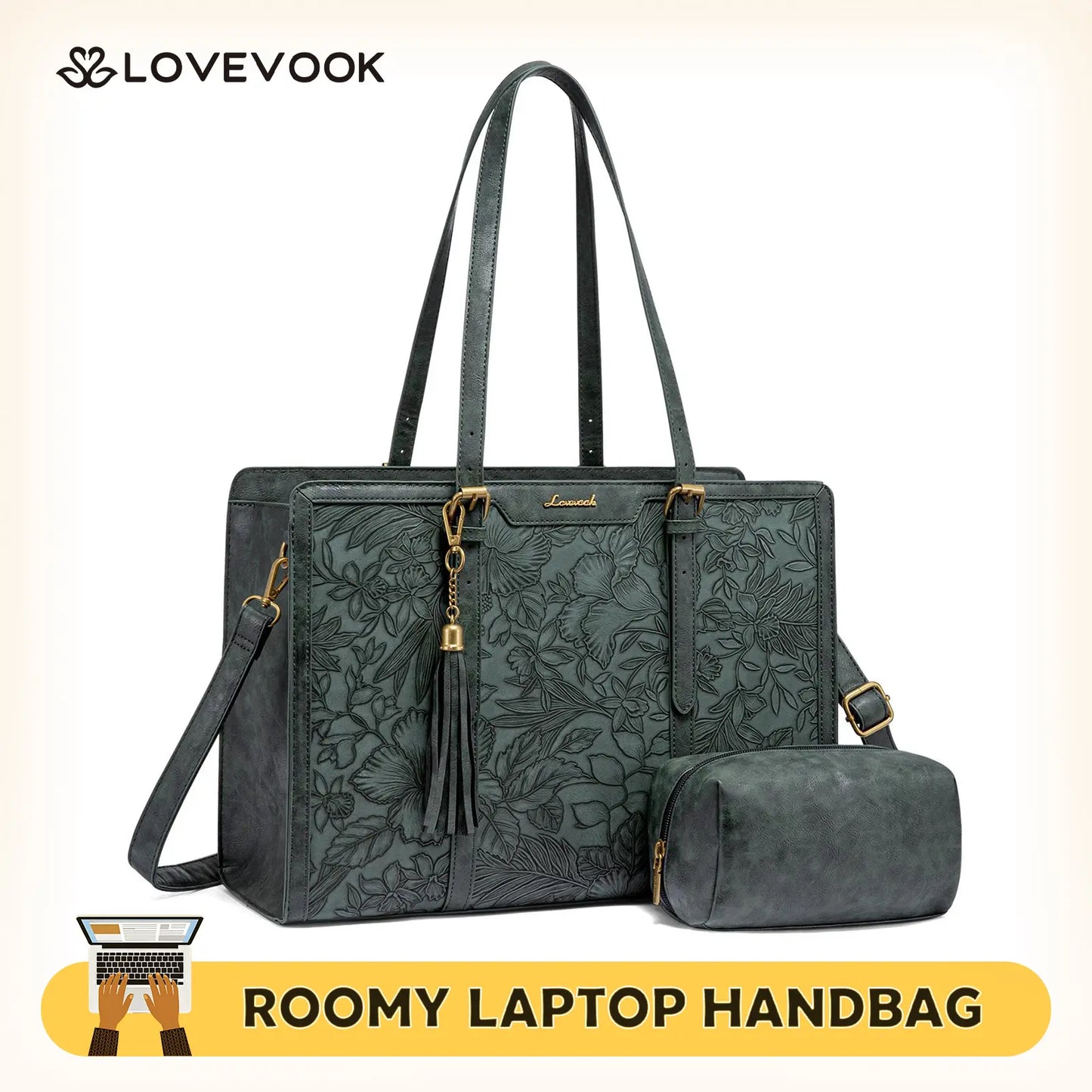 LOVEVOOK Canvas Laptop Tote Bag 15.6 & 17.3 Inches for Women with Clutch Purse, Lightweight Tote Bag with 2 Cup Holder, Purses for Women, Computer Bag for Work, Office, Casual. Tiktokshopbacktoschool