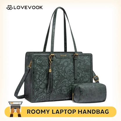 LOVEVOOK Canvas Laptop Tote Bag 15.6 & 17.3 Inches for Women with Clutch Purse, Lightweight Tote Bag with 2 Cup Holder, Purses for Women, Computer Bag for Work, Office, Casual. Tiktokshopbacktoschool