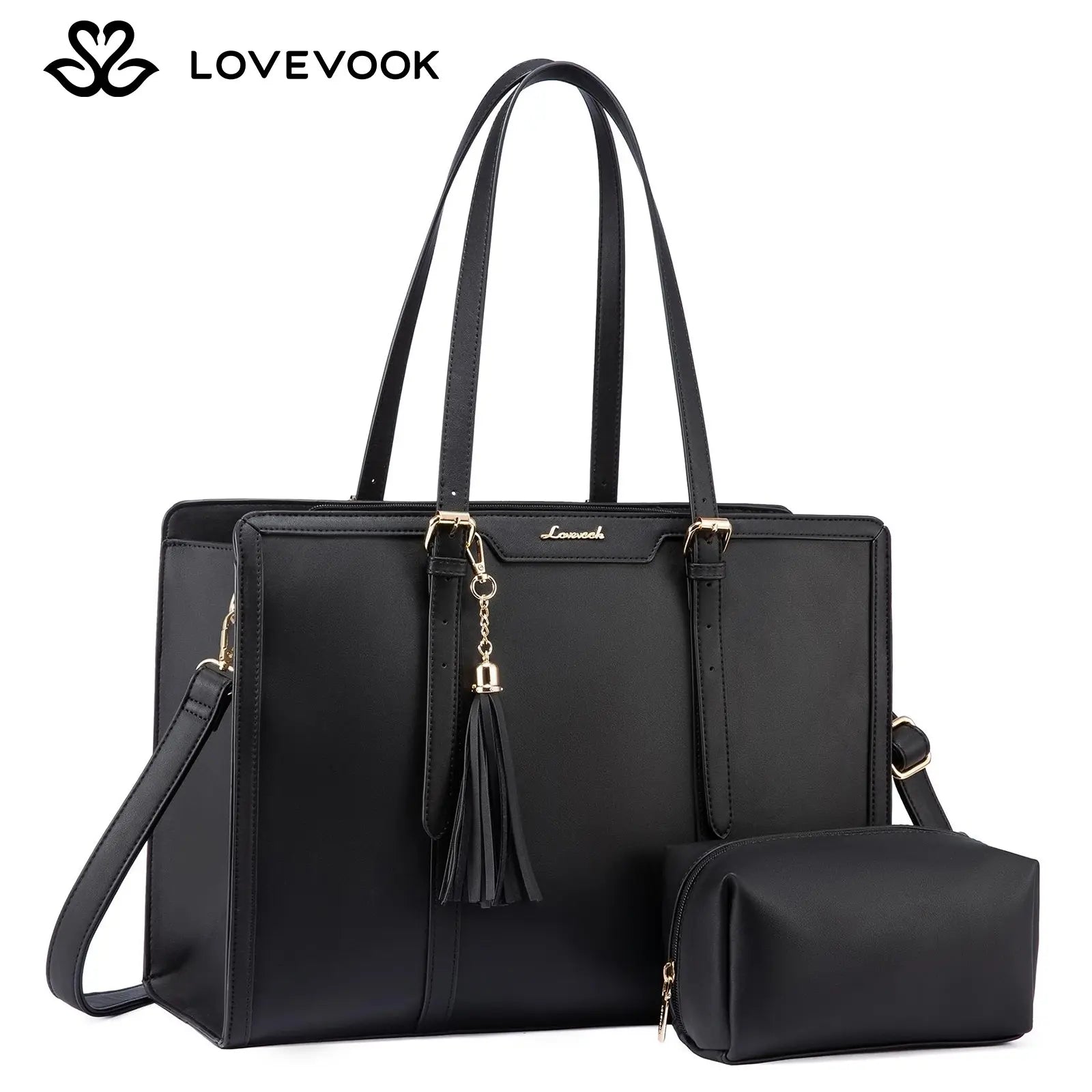 LOVEVOOK Canvas Laptop Tote Bag 15.6 & 17.3 Inches for Women with Clutch Purse, Lightweight Tote Bag with 2 Cup Holder, Purses for Women, Computer Bag for Work, Office, Casual. Tiktokshopbacktoschool
