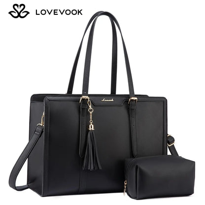LOVEVOOK Canvas Laptop Tote Bag 15.6 & 17.3 Inches for Women with Clutch Purse, Lightweight Tote Bag with 2 Cup Holder, Purses for Women, Computer Bag for Work, Office, Casual. Tiktokshopbacktoschool