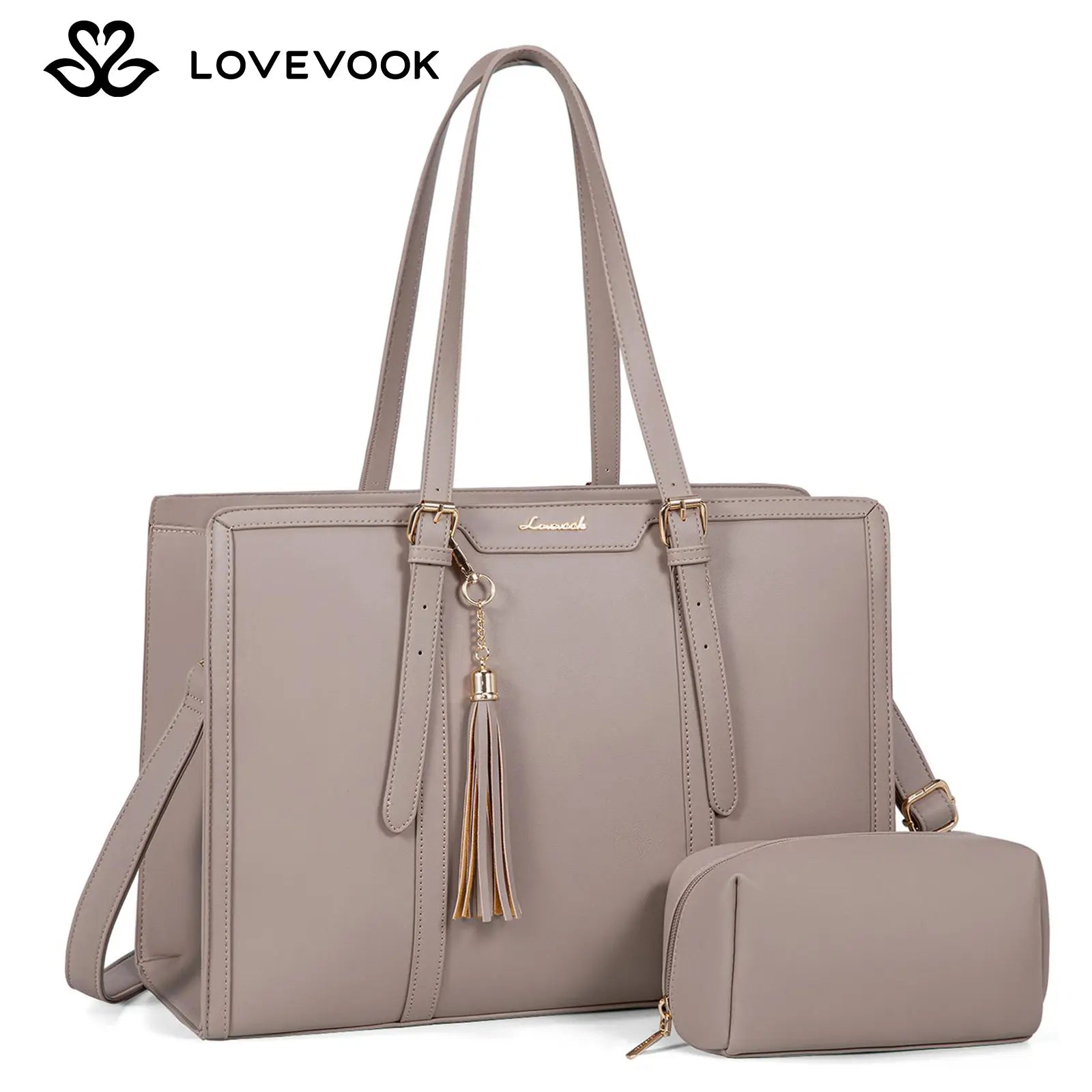 LOVEVOOK Canvas Laptop Tote Bag 15.6 & 17.3 Inches for Women with Clutch Purse, Lightweight Tote Bag with 2 Cup Holder, Purses for Women, Computer Bag for Work, Office, Casual. Tiktokshopbacktoschool