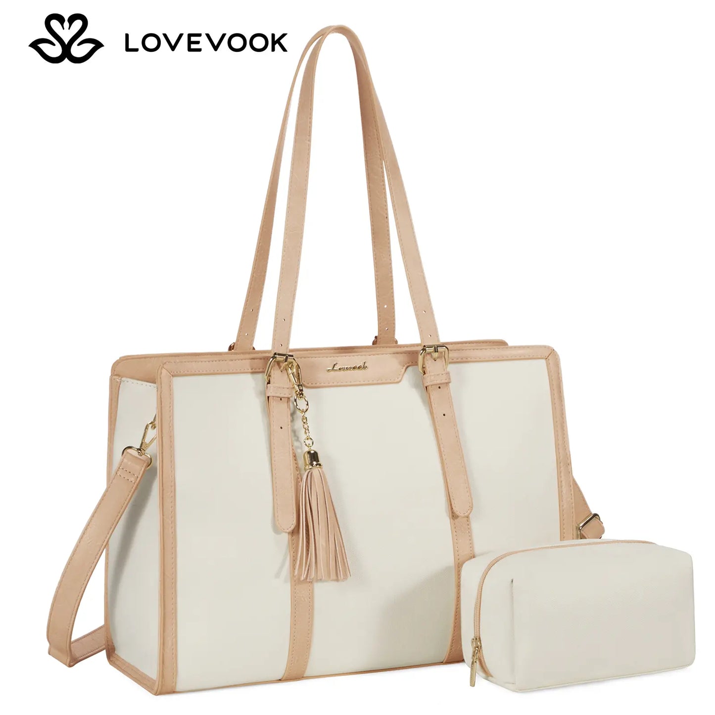 LOVEVOOK Canvas Laptop Tote Bag 15.6 & 17.3 Inches for Women with Clutch Purse, Lightweight Tote Bag with 2 Cup Holder, Purses for Women, Computer Bag for Work, Office, Casual. Tiktokshopbacktoschool