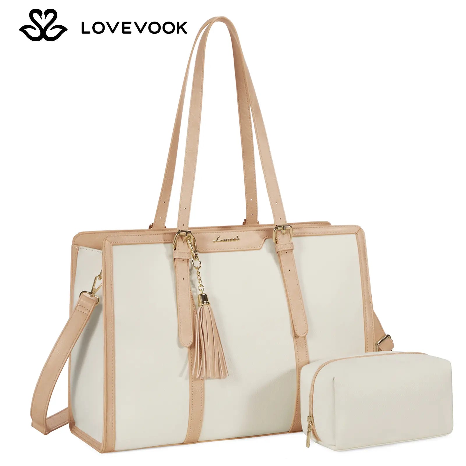LOVEVOOK Canvas Laptop Tote Bag 15.6 & 17.3 Inches for Women with Clutch Purse, Lightweight Tote Bag with 2 Cup Holder, Purses for Women, Computer Bag for Work, Office, Casual. Tiktokshopbacktoschool