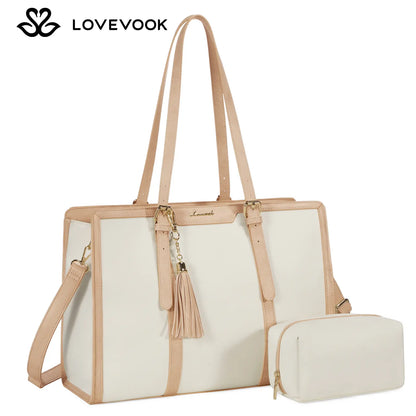 LOVEVOOK Canvas Laptop Tote Bag 15.6 & 17.3 Inches for Women with Clutch Purse, Lightweight Tote Bag with 2 Cup Holder, Purses for Women, Computer Bag for Work, Office, Casual. Tiktokshopbacktoschool