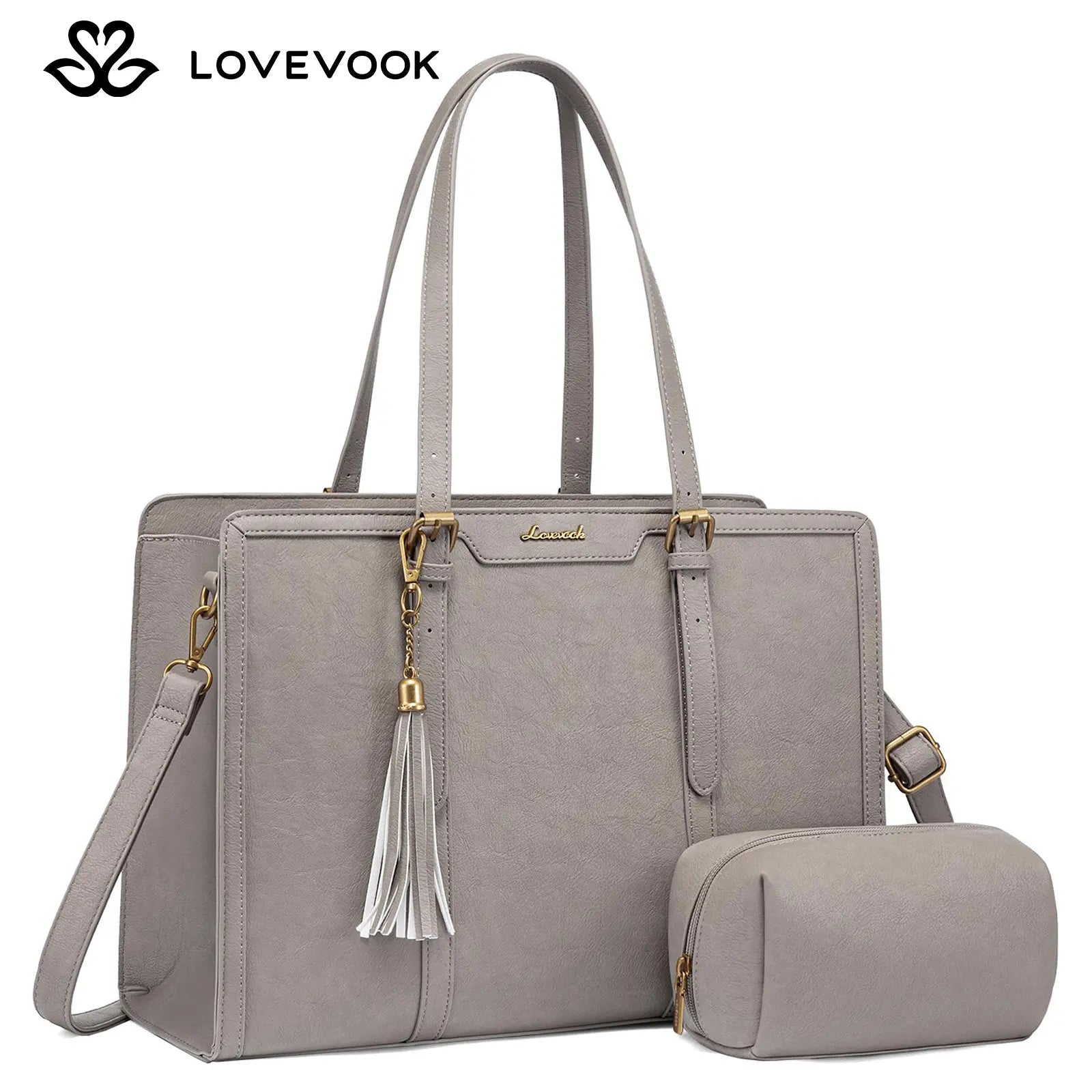 LOVEVOOK Canvas Laptop Tote Bag 15.6 & 17.3 Inches for Women with Clutch Purse, Lightweight Tote Bag with 2 Cup Holder, Purses for Women, Computer Bag for Work, Office, Casual. Tiktokshopbacktoschool