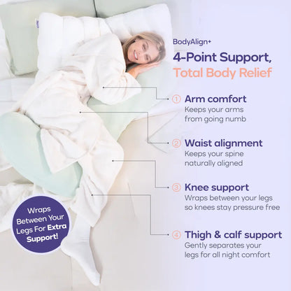 Mellow Sleep | Bodyalign Plus+ Pillow - Full Body Ergonomic Support Pillow for Back, Belly, Hips & Legs, Cooling Side Sleeper Pillow for Pregnancy, Maternity & Body Pain Relief