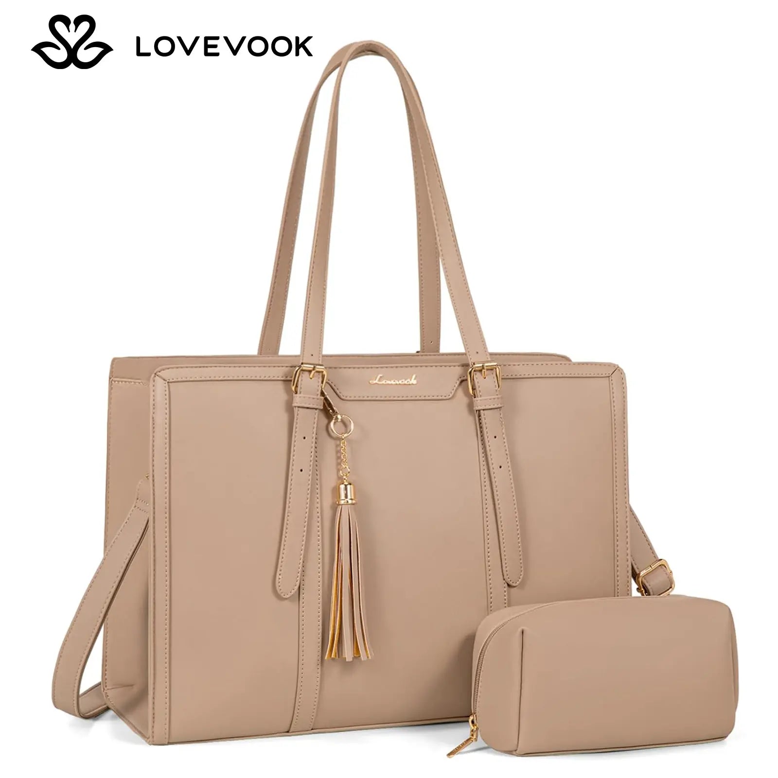 LOVEVOOK Canvas Laptop Tote Bag 15.6 & 17.3 Inches for Women with Clutch Purse, Lightweight Tote Bag with 2 Cup Holder, Purses for Women, Computer Bag for Work, Office, Casual. Tiktokshopbacktoschool