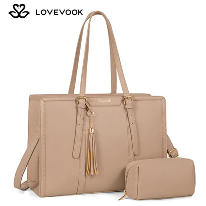 LOVEVOOK Canvas Laptop Tote Bag 15.6 & 17.3 Inches for Women with Clutch Purse, Lightweight Tote Bag with 2 Cup Holder, Purses for Women, Computer Bag for Work, Office, Casual. Tiktokshopbacktoschool