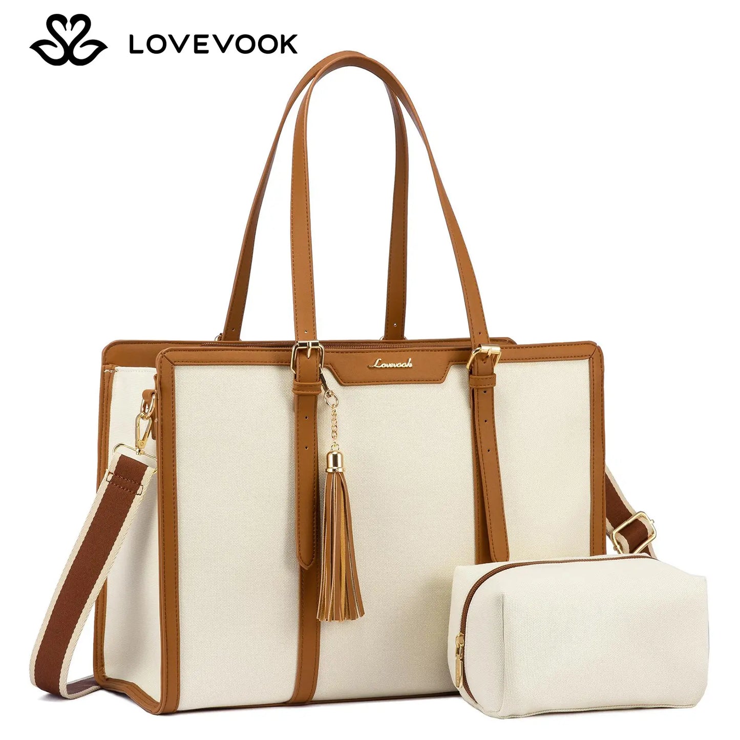LOVEVOOK Canvas Laptop Tote Bag 15.6 & 17.3 Inches for Women with Clutch Purse, Lightweight Tote Bag with 2 Cup Holder, Purses for Women, Computer Bag for Work, Office, Casual. Tiktokshopbacktoschool