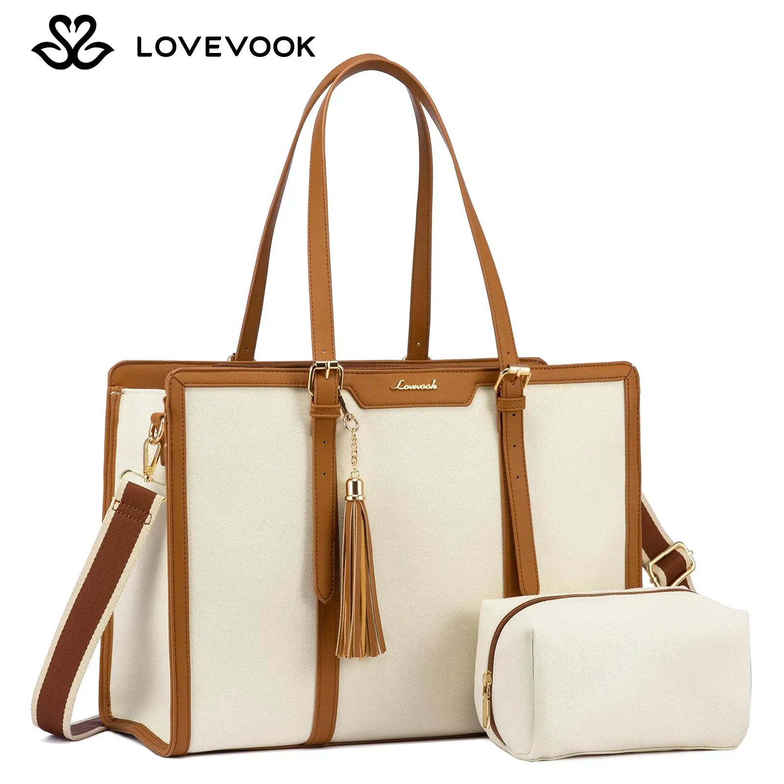 LOVEVOOK Canvas Laptop Tote Bag 15.6 & 17.3 Inches for Women with Clutch Purse, Lightweight Tote Bag with 2 Cup Holder, Purses for Women, Computer Bag for Work, Office, Casual. Tiktokshopbacktoschool