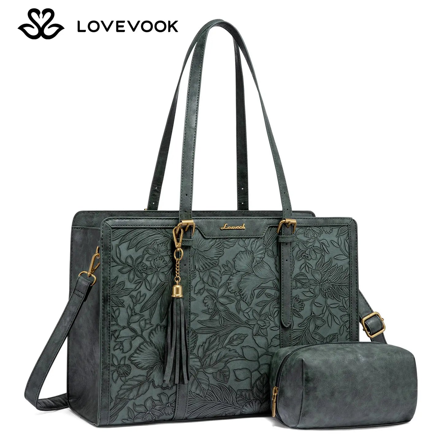 LOVEVOOK Canvas Laptop Tote Bag 15.6 & 17.3 Inches for Women with Clutch Purse, Lightweight Tote Bag with 2 Cup Holder, Purses for Women, Computer Bag for Work, Office, Casual. Tiktokshopbacktoschool