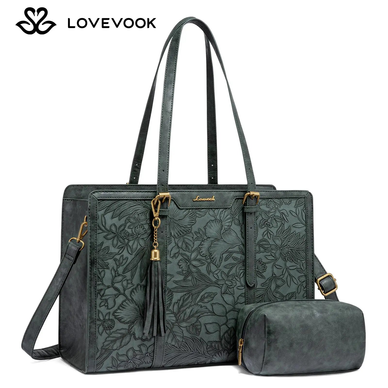 LOVEVOOK Canvas Laptop Tote Bag 15.6 & 17.3 Inches for Women with Clutch Purse, Lightweight Tote Bag with 2 Cup Holder, Purses for Women, Computer Bag for Work, Office, Casual. Tiktokshopbacktoschool