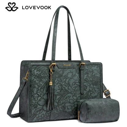 LOVEVOOK Canvas Laptop Tote Bag 15.6 & 17.3 Inches for Women with Clutch Purse, Lightweight Tote Bag with 2 Cup Holder, Purses for Women, Computer Bag for Work, Office, Casual. Tiktokshopbacktoschool