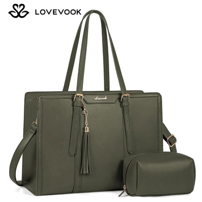 LOVEVOOK Canvas Laptop Tote Bag 15.6 & 17.3 Inches for Women with Clutch Purse, Lightweight Tote Bag with 2 Cup Holder, Purses for Women, Computer Bag for Work, Office, Casual. Tiktokshopbacktoschool