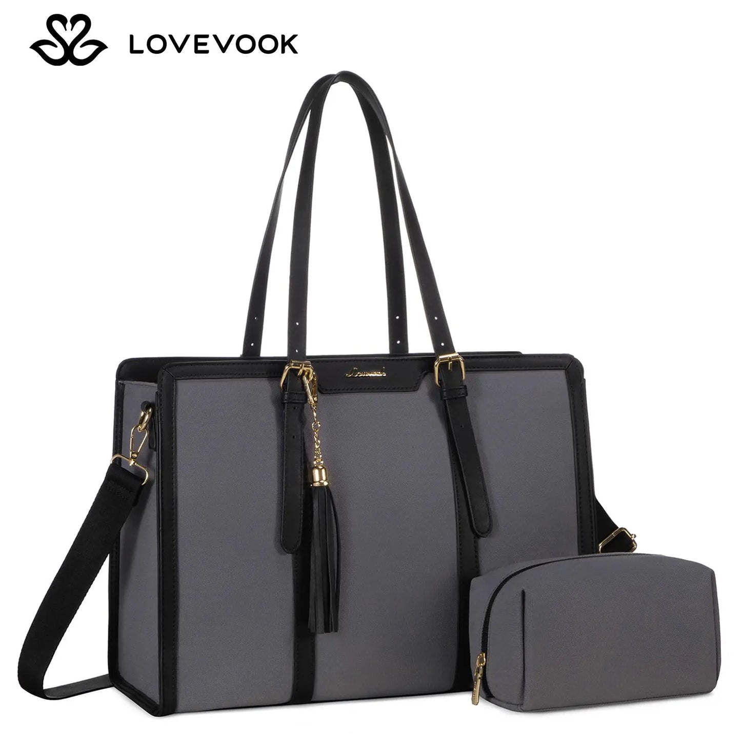 LOVEVOOK Canvas Laptop Tote Bag 15.6 & 17.3 Inches for Women with Clutch Purse, Lightweight Tote Bag with 2 Cup Holder, Purses for Women, Computer Bag for Work, Office, Casual. Tiktokshopbacktoschool