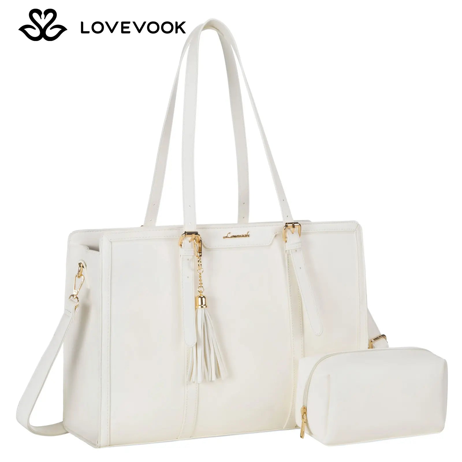 LOVEVOOK Canvas Laptop Tote Bag 15.6 & 17.3 Inches for Women with Clutch Purse, Lightweight Tote Bag with 2 Cup Holder, Purses for Women, Computer Bag for Work, Office, Casual. Tiktokshopbacktoschool
