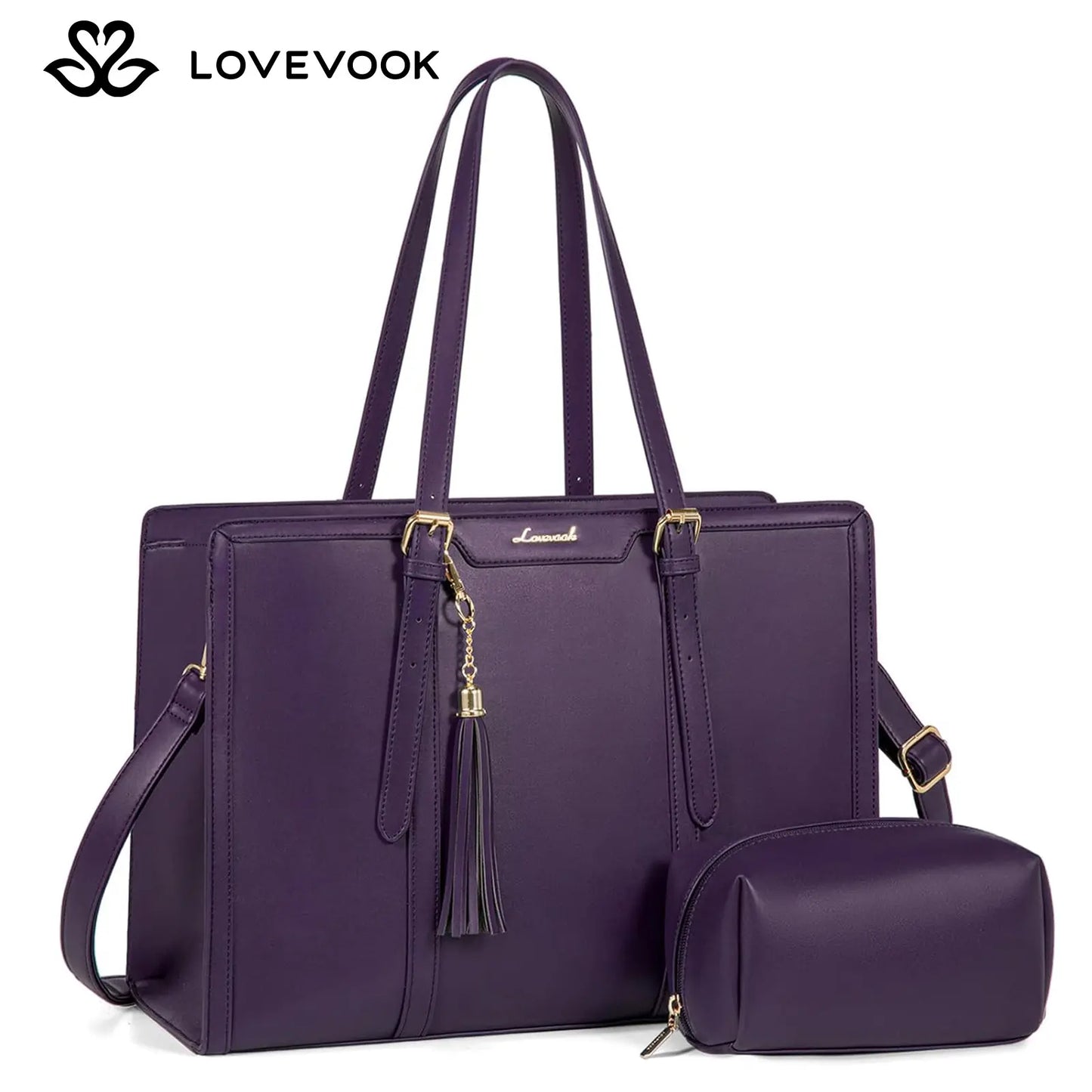 LOVEVOOK Canvas Laptop Tote Bag 15.6 & 17.3 Inches for Women with Clutch Purse, Lightweight Tote Bag with 2 Cup Holder, Purses for Women, Computer Bag for Work, Office, Casual. Tiktokshopbacktoschool