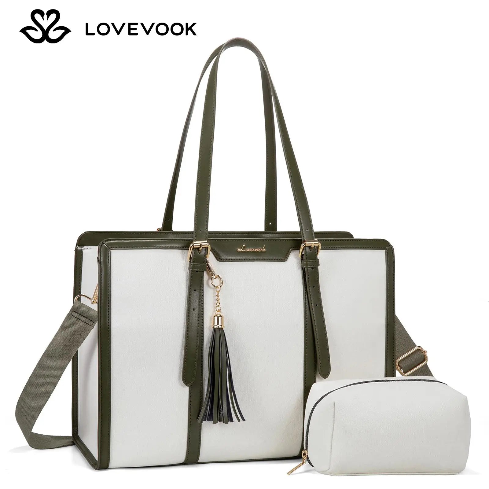 LOVEVOOK Canvas Laptop Tote Bag 15.6 & 17.3 Inches for Women with Clutch Purse, Lightweight Tote Bag with 2 Cup Holder, Purses for Women, Computer Bag for Work, Office, Casual. Tiktokshopbacktoschool