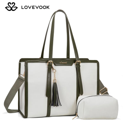 LOVEVOOK Canvas Laptop Tote Bag 15.6 & 17.3 Inches for Women with Clutch Purse, Lightweight Tote Bag with 2 Cup Holder, Purses for Women, Computer Bag for Work, Office, Casual. Tiktokshopbacktoschool