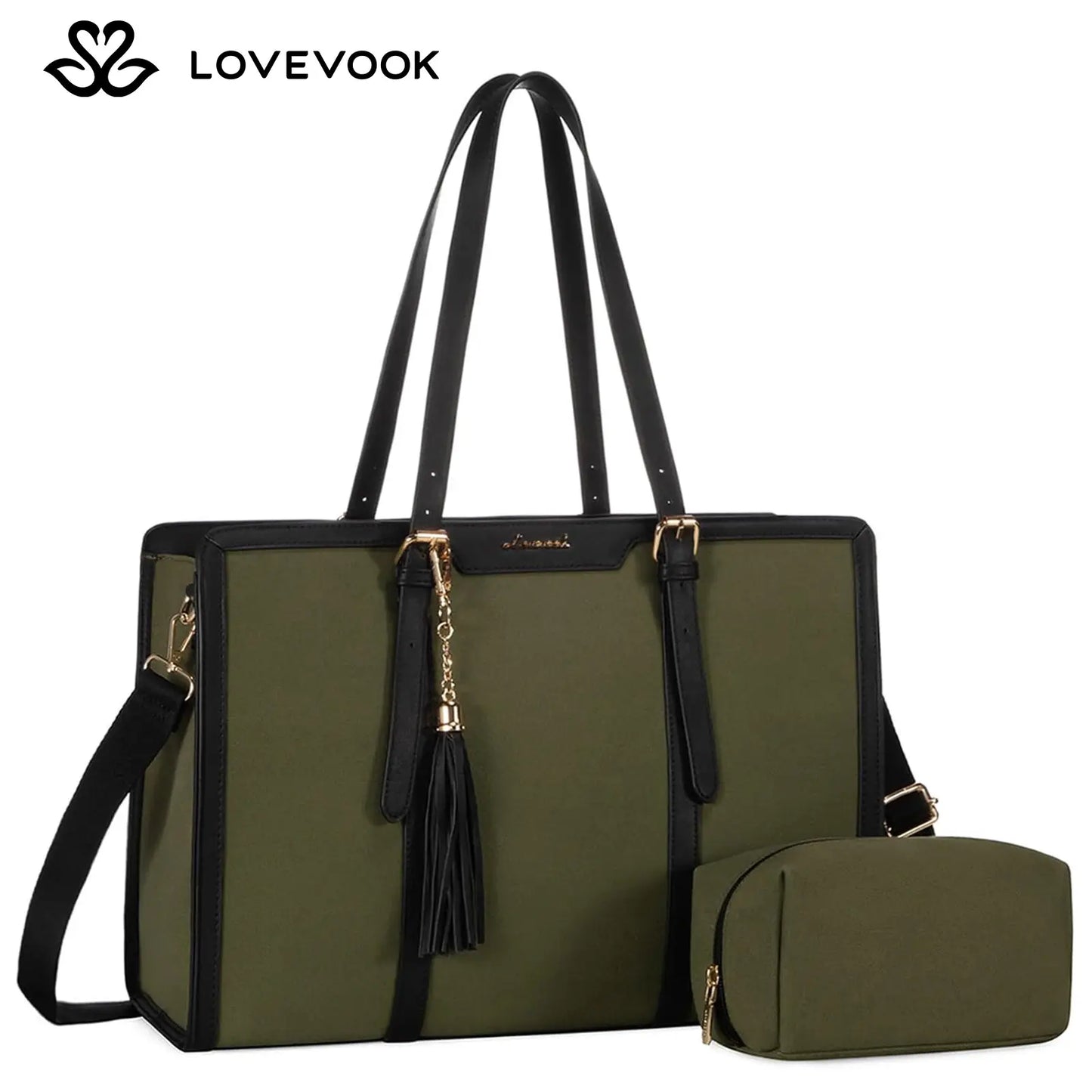 LOVEVOOK Canvas Laptop Tote Bag 15.6 & 17.3 Inches for Women with Clutch Purse, Lightweight Tote Bag with 2 Cup Holder, Purses for Women, Computer Bag for Work, Office, Casual. Tiktokshopbacktoschool