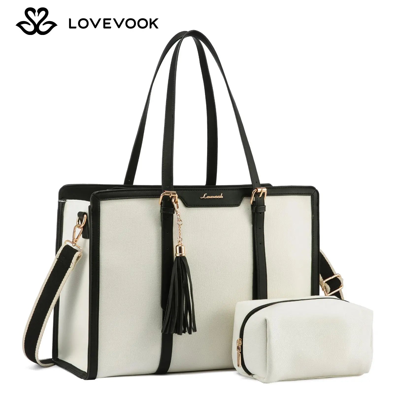 LOVEVOOK Canvas Laptop Tote Bag 15.6 & 17.3 Inches for Women with Clutch Purse, Lightweight Tote Bag with 2 Cup Holder, Purses for Women, Computer Bag for Work, Office, Casual. Tiktokshopbacktoschool