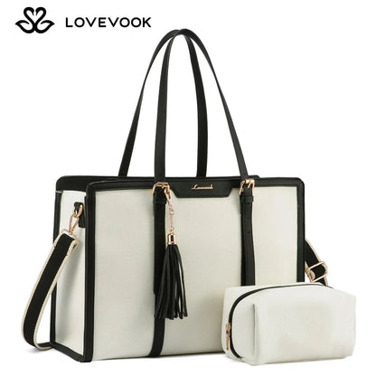 LOVEVOOK Canvas Laptop Tote Bag 15.6 & 17.3 Inches for Women with Clutch Purse, Lightweight Tote Bag with 2 Cup Holder, Purses for Women, Computer Bag for Work, Office, Casual. Tiktokshopbacktoschool