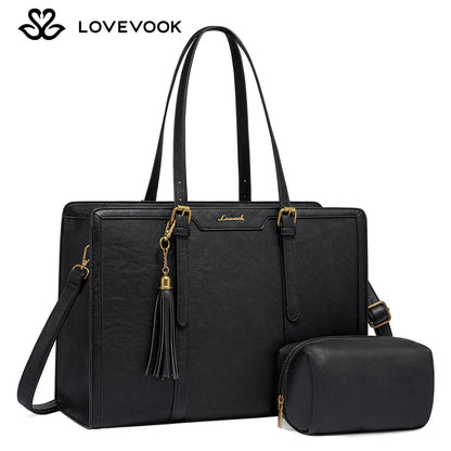 LOVEVOOK Canvas Laptop Tote Bag 15.6 & 17.3 Inches for Women with Clutch Purse, Lightweight Tote Bag with 2 Cup Holder, Purses for Women, Computer Bag for Work, Office, Casual. Tiktokshopbacktoschool