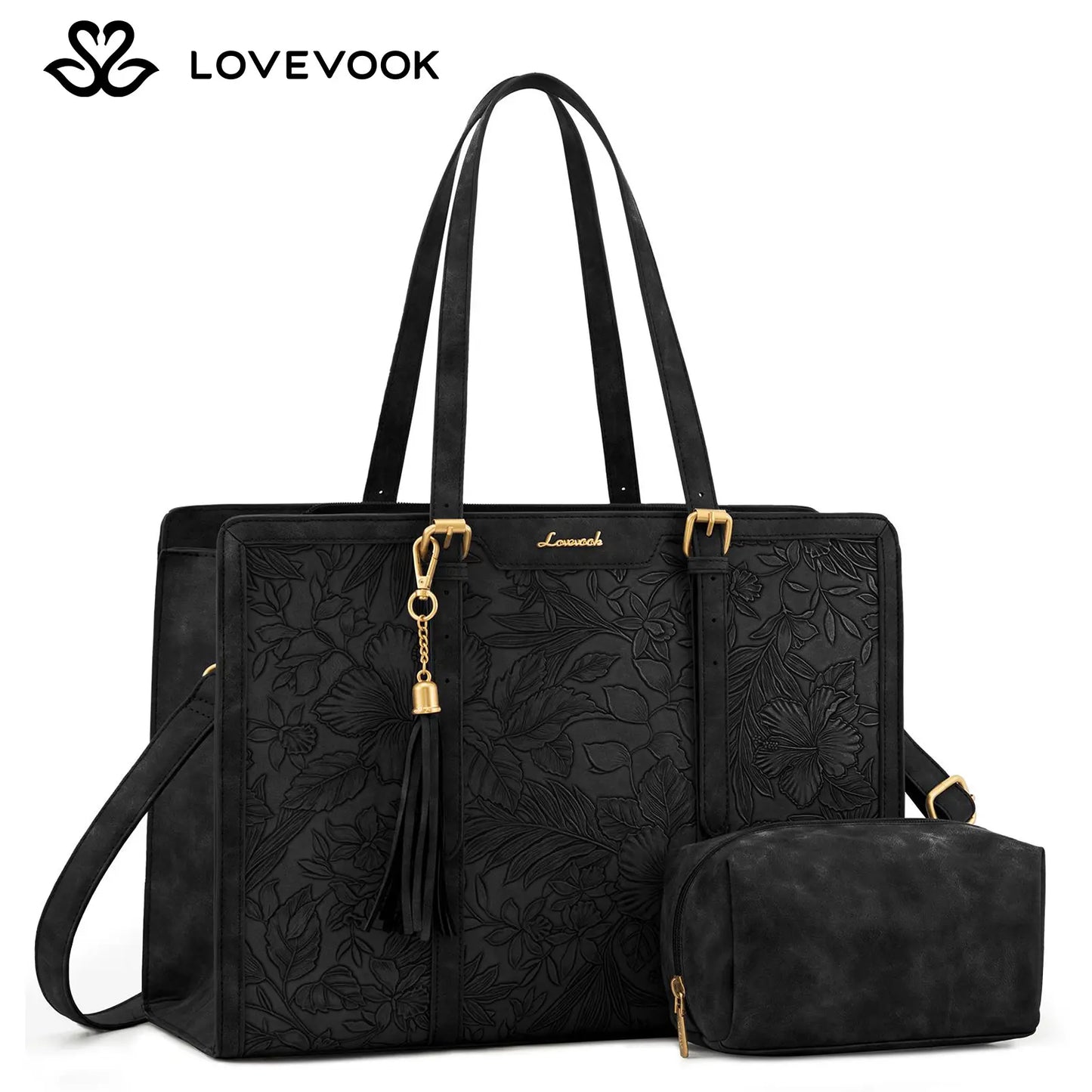 LOVEVOOK Canvas Laptop Tote Bag 15.6 & 17.3 Inches for Women with Clutch Purse, Lightweight Tote Bag with 2 Cup Holder, Purses for Women, Computer Bag for Work, Office, Casual. Tiktokshopbacktoschool