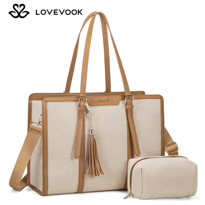 LOVEVOOK Canvas Laptop Tote Bag 15.6 & 17.3 Inches for Women with Clutch Purse, Lightweight Tote Bag with 2 Cup Holder, Purses for Women, Computer Bag for Work, Office, Casual. Tiktokshopbacktoschool