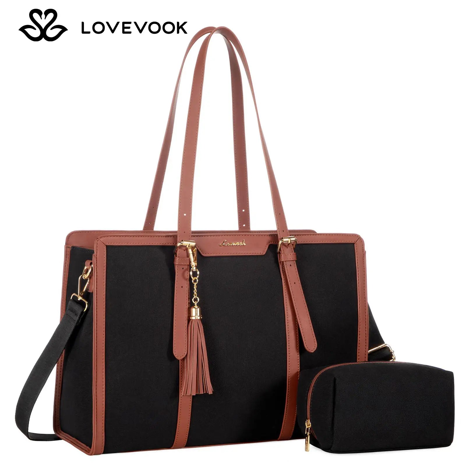 LOVEVOOK Canvas Laptop Tote Bag 15.6 & 17.3 Inches for Women with Clutch Purse, Lightweight Tote Bag with 2 Cup Holder, Purses for Women, Computer Bag for Work, Office, Casual. Tiktokshopbacktoschool