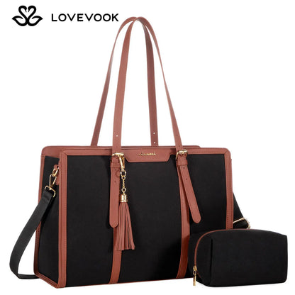 LOVEVOOK Canvas Laptop Tote Bag 15.6 & 17.3 Inches for Women with Clutch Purse, Lightweight Tote Bag with 2 Cup Holder, Purses for Women, Computer Bag for Work, Office, Casual. Tiktokshopbacktoschool