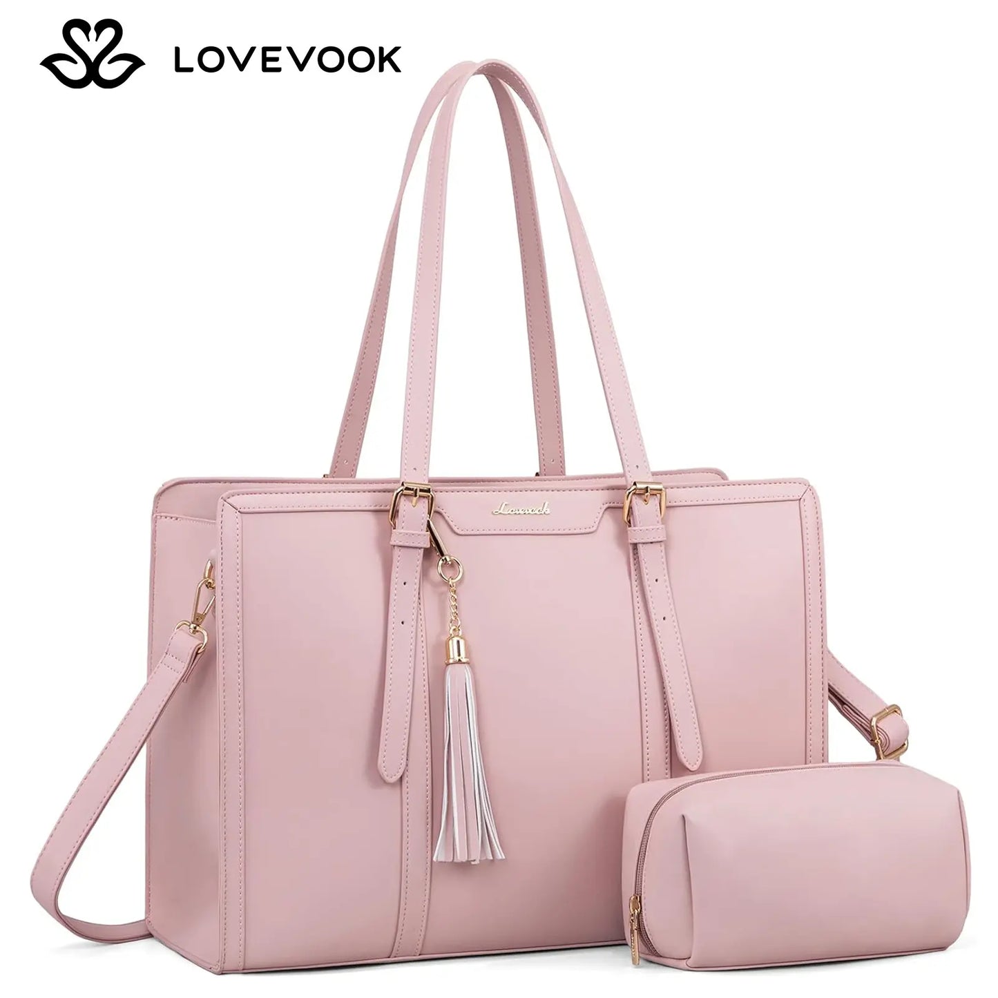 LOVEVOOK Canvas Laptop Tote Bag 15.6 & 17.3 Inches for Women with Clutch Purse, Lightweight Tote Bag with 2 Cup Holder, Purses for Women, Computer Bag for Work, Office, Casual. Tiktokshopbacktoschool