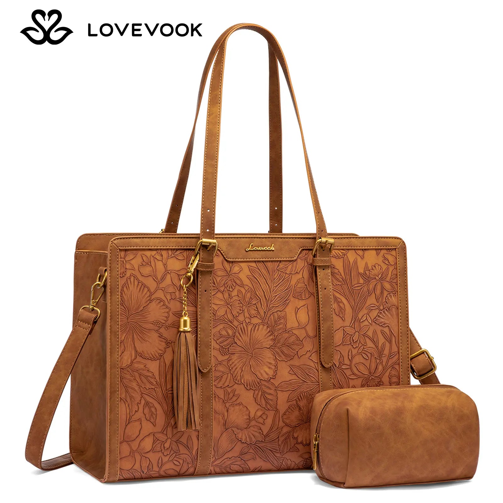 LOVEVOOK Canvas Laptop Tote Bag 15.6 & 17.3 Inches for Women with Clutch Purse, Lightweight Tote Bag with 2 Cup Holder, Purses for Women, Computer Bag for Work, Office, Casual. Tiktokshopbacktoschool