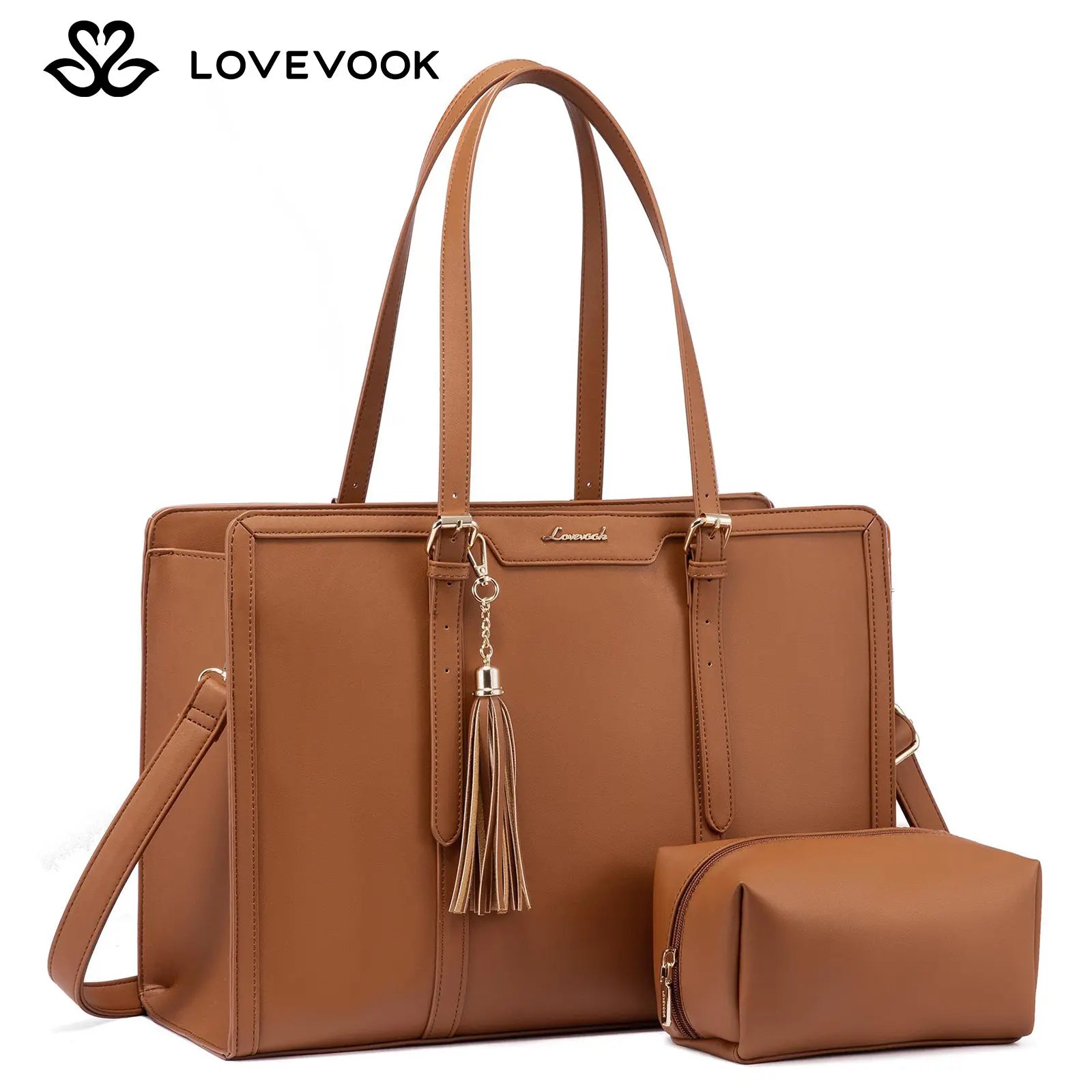 LOVEVOOK Canvas Laptop Tote Bag 15.6 & 17.3 Inches for Women with Clutch Purse, Lightweight Tote Bag with 2 Cup Holder, Purses for Women, Computer Bag for Work, Office, Casual. Tiktokshopbacktoschool