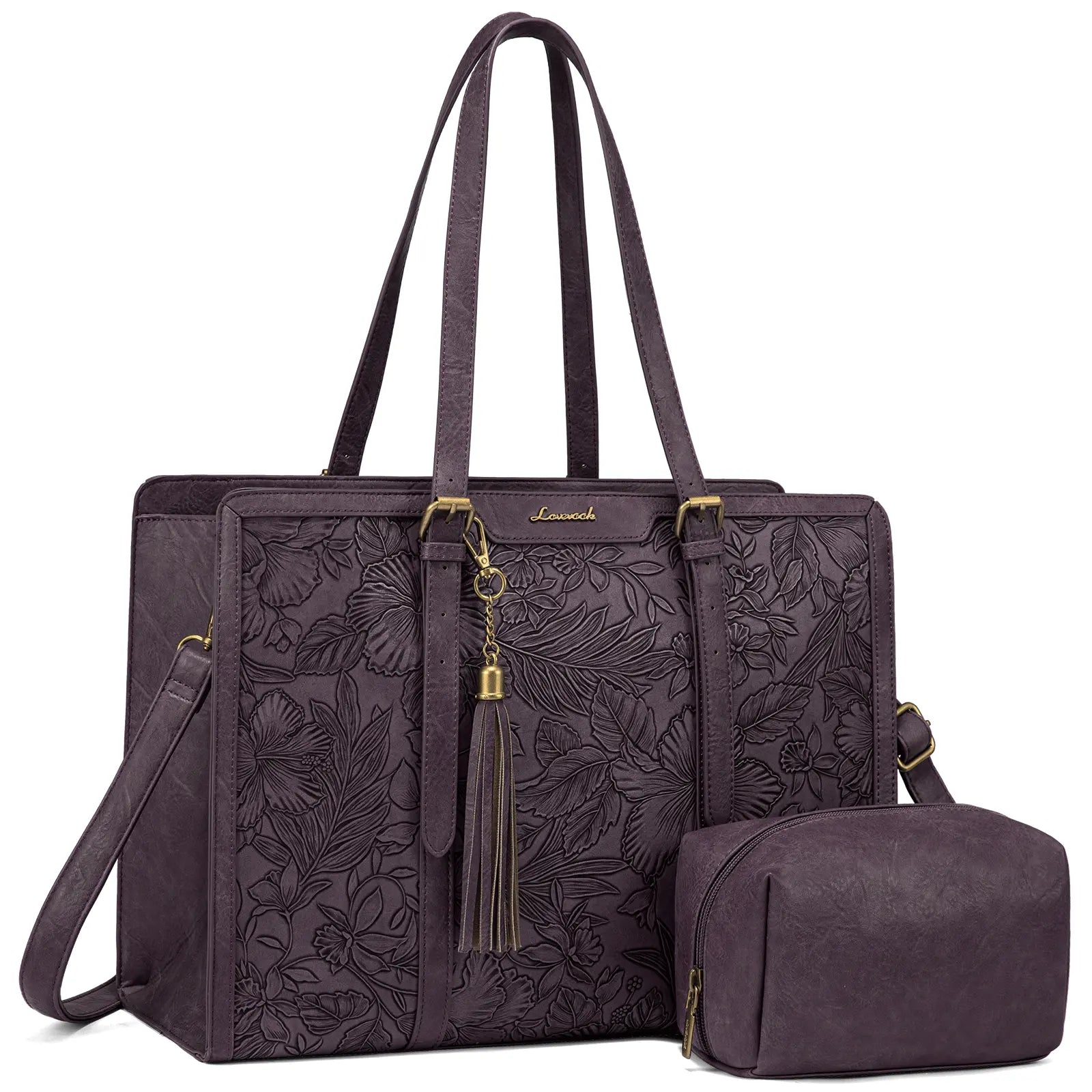 LOVEVOOK Canvas Laptop Tote Bag 15.6 & 17.3 Inches for Women with Clutch Purse, Lightweight Tote Bag with 2 Cup Holder, Purses for Women, Computer Bag for Work, Office, Casual. Tiktokshopbacktoschool